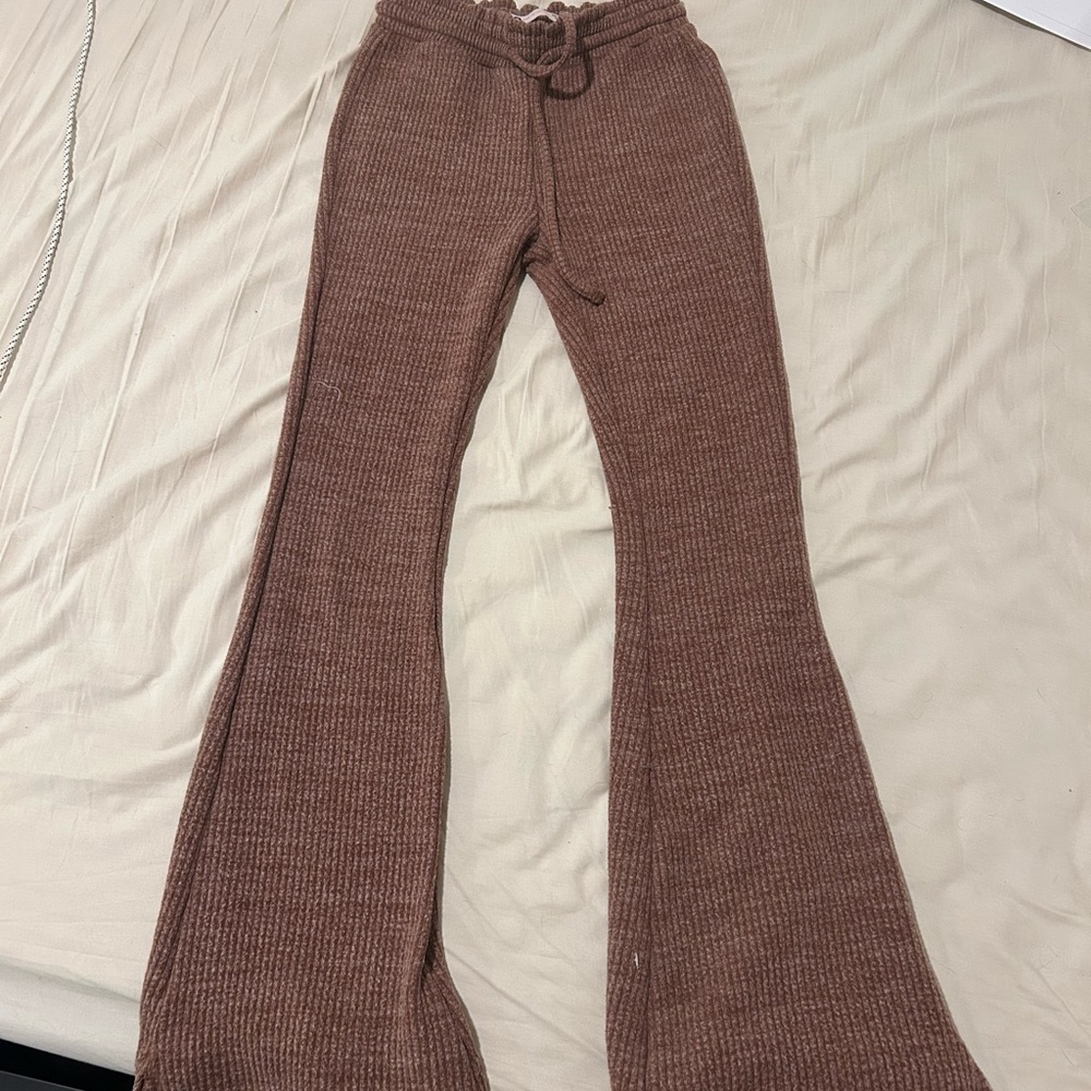 XS Long Brown Ribbed Flare Pants